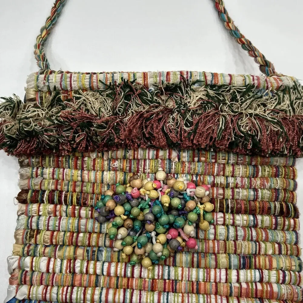 Handmade Lyn Jankowski boho Multicolored‎ fringe Beads Hippie handbag purse Snap